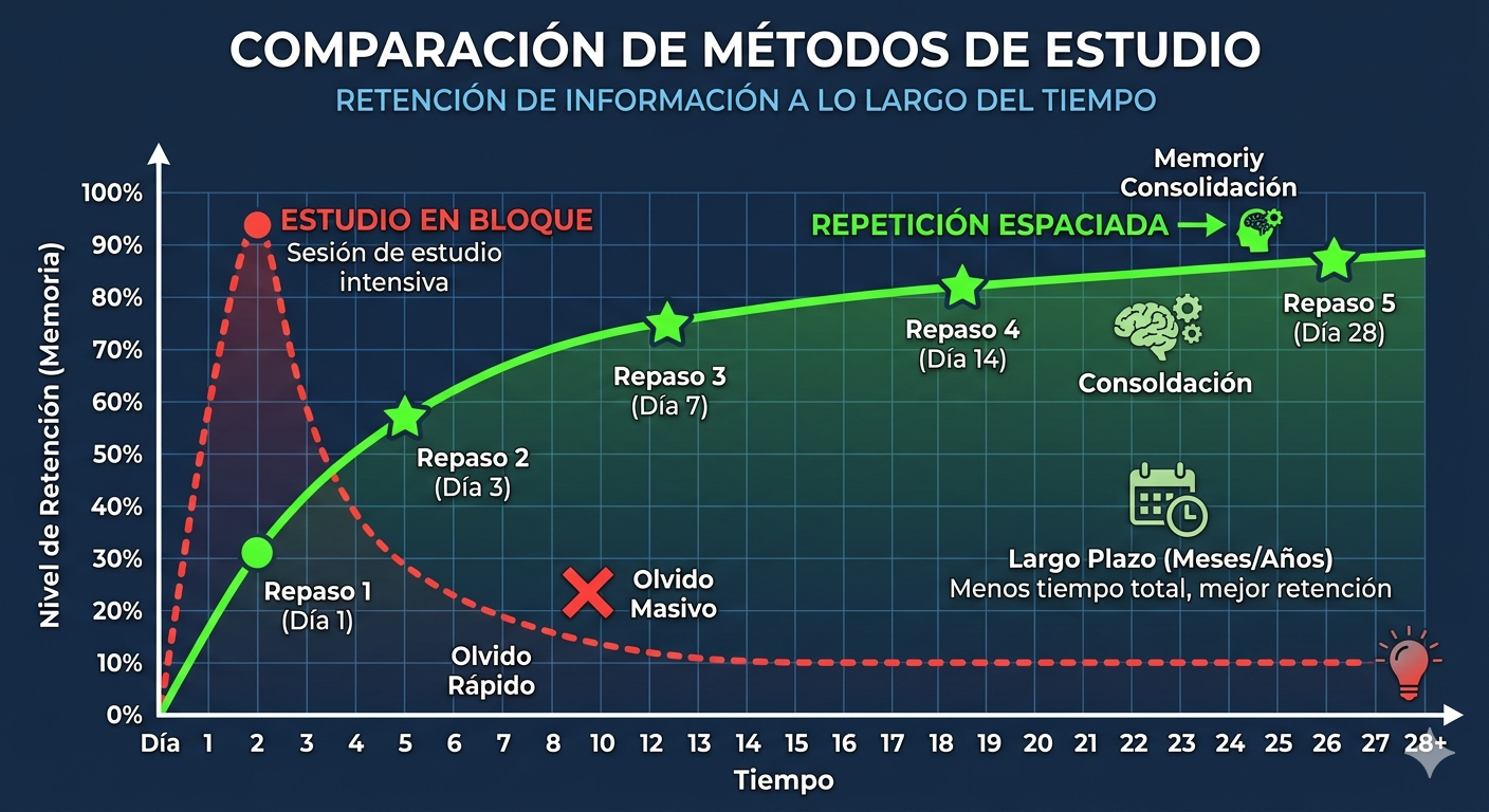 Diagrama explicación repetición espaciada. Cuanto más se repite, mejor se aprende